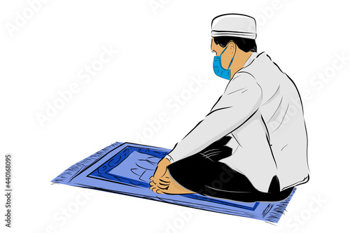 Simple Vector Hand Draw Sketch, Muslim or islam man, using Mask, sit at prayer mat