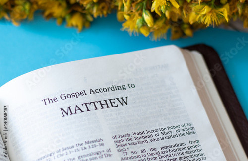 Fotografie Matthew Gospel from Holy Bible Book inspired by God and Jesus Christ