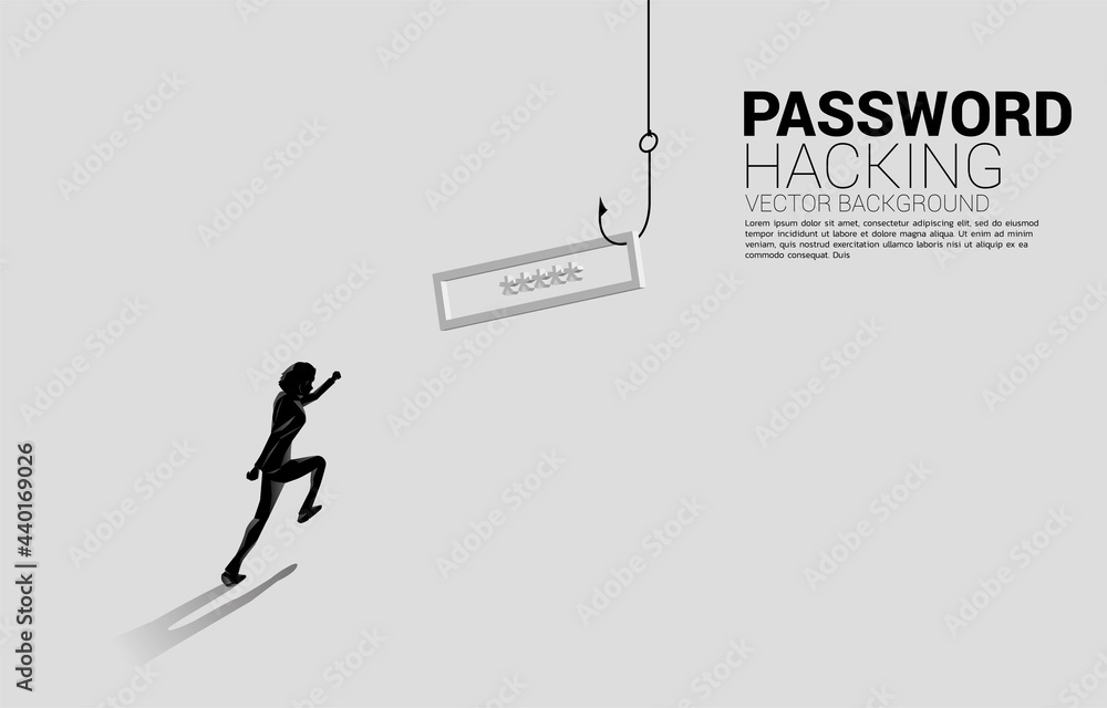 Silhouette of businessman running to fishing hook with password. Concept of click bait and digital phishing. Silhouette of businessman running to fishing hook with password. Concept of click bait and digital phishing.