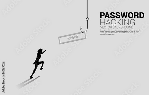 Silhouette of businessman running to fishing hook with password. Concept of click bait and digital phishing.