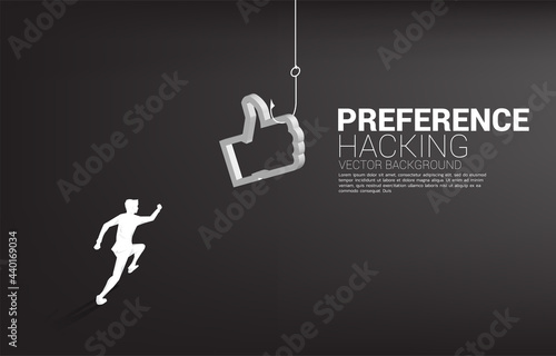 Silhouette of businessman running with fishing hook with 3D like icon. Concept of click bait and digital phishing.
