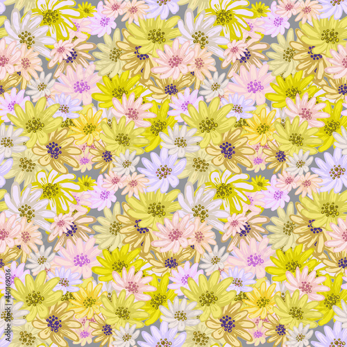 Seamless pattern with cute pink  yellow  white chamomiles. Hand drawn vector illustration on light abstract background. Small floral texture