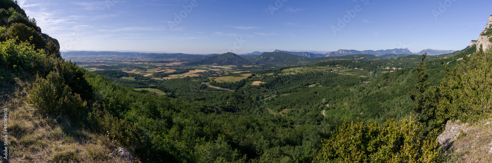 Panorama of wide landscape in Provence with forest from viewpoint near Eyzahut, France