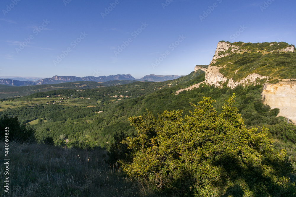 landscape in Provence with forest from viewpoint near Eyzahut, France