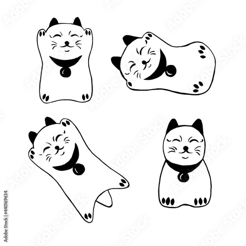 Set of vector images of maneki neko, lucky cat in black and white colors