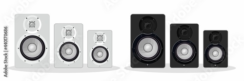 Set of studio monitors white and black in vector. Professional studio equipment. Columns for computer, directors, bloggers and TV people. Acoustic systems for home and studio. Proffesional speakers.  