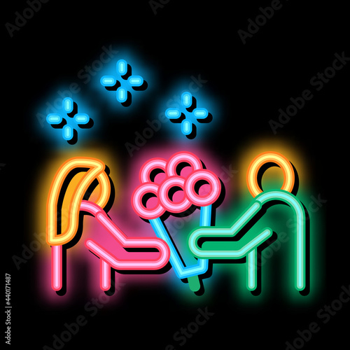 guy give flowers to girl neon light sign vector. Glowing bright icon guy give flowers to girl sign. transparent symbol illustration