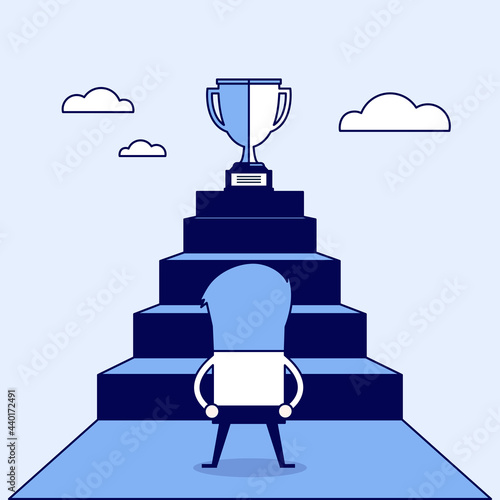 Businessman standing in front of stair that leads the trophy, Shortcut to success. Cartoon character thin line style vector.
