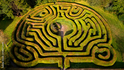 Aerial view Panoramic view of a Celtic maze in Wicklow, Ireland.maze in the grass