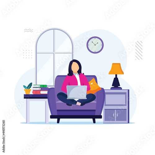 Girl with laptop on the chair. Freelance or studying concept. landing page website illustration flat vector template.