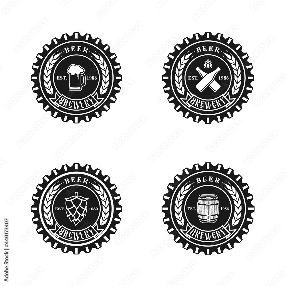 Beer bottle cap, set logo stamp design isolated, stylized vector symbol in retro style, template designs