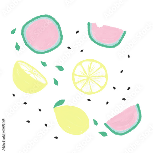 Fototapeta Naklejka Na Ścianę i Meble -  Watermelon and lemon pattern Нand drawing citrus object collection