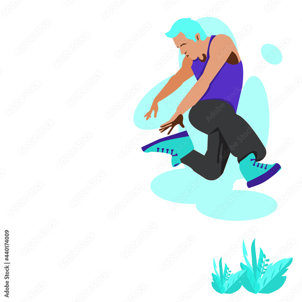Cartoon young man has light blue hair, wearing colorful dress and sneakers is jumping upper leaves on white background.Rapper guy is dancing by jump. Vector isolate flat design concept for freedom.