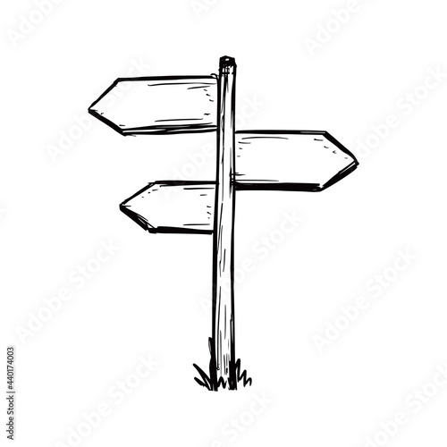 Sketch direction sign. Hand drawn doodle style. Wooden signpost. Vector illustration.