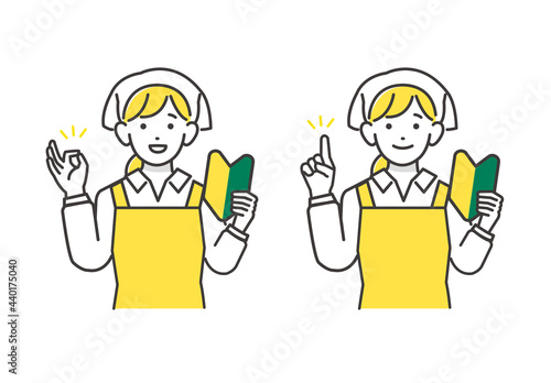 初心者マークを持つスーパーの店員の女性のベクターイラスト素材／コミュニケーション／ビジネス