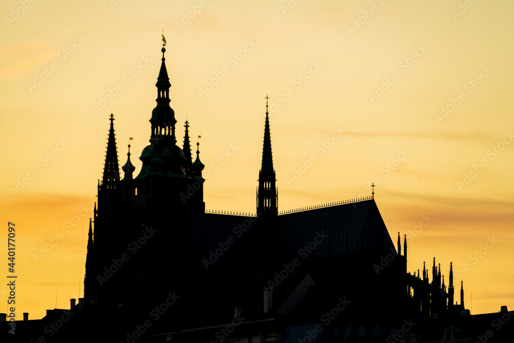 Prague Castle sunset silhouette. Czech Republic 