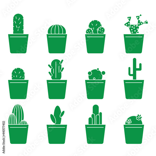 Cartoon green flowerpots green pots. Interior design. Home icon. Floral background. Vector illustration. Stock image.