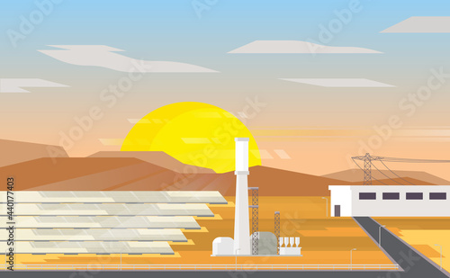 solar thermal energy, solar thermal power plant with sunset graphic