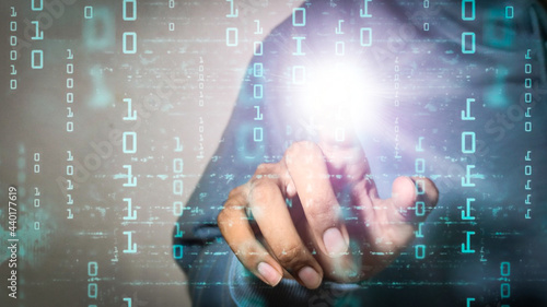 darknet and hacking concept. Hacker with cellphone. Man using dark web with smartphone. Mobile phone fraud, online scam and cyber security threat. Scammer using stolen cell. AR data code.