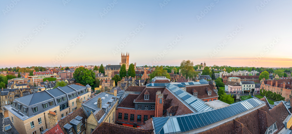 Cambridge city rooftop view at sunset. England
