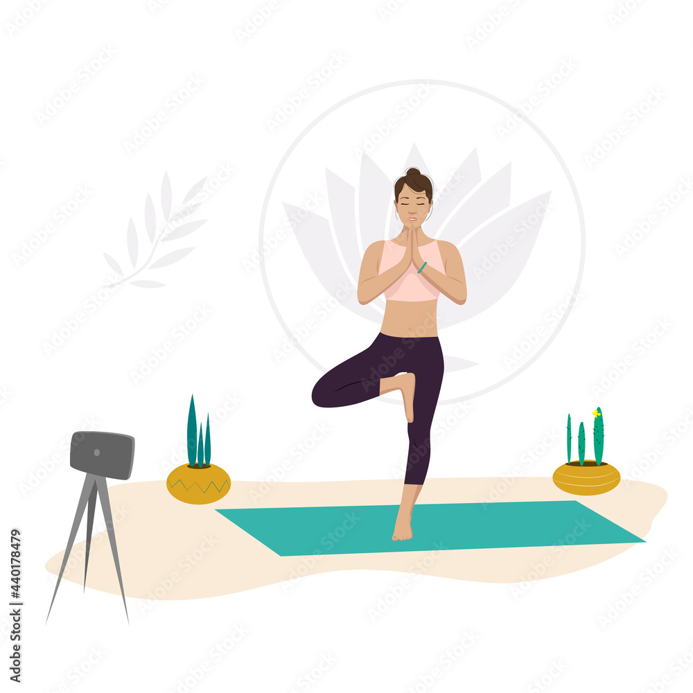 A girl yoga instructor online shows a balance exercise on one leg. Healthy lifestyle. Vector illustration in cartoon style