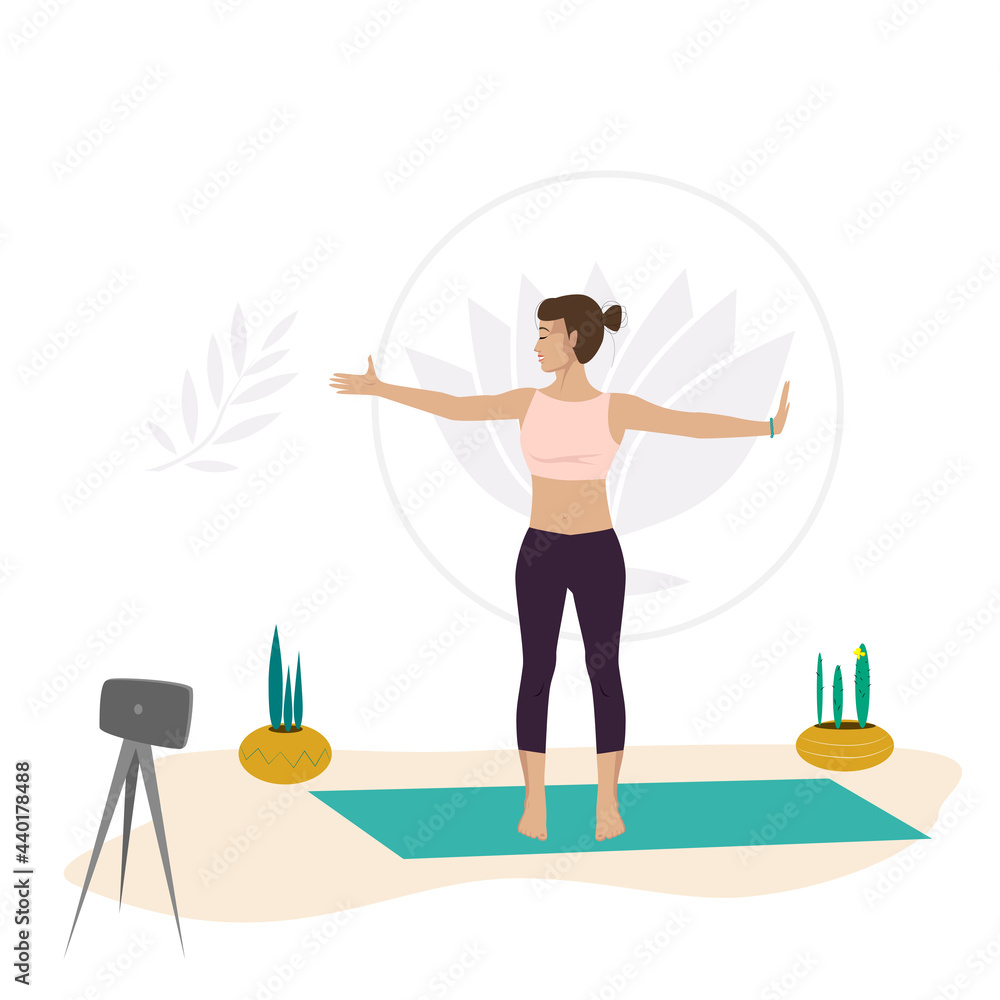Girl yoga instructor online shows exercises. Healthy lifestyle. Vector illustration in cartoon style