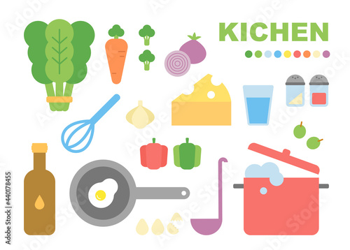 Cooking ingredients and cooking utensils in the kitchen. flat design style minimal vector illustration.