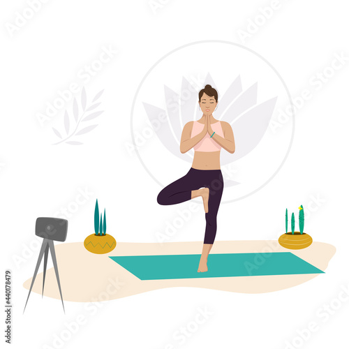 A girl yoga instructor online shows a balance exercise on one leg. Healthy lifestyle. Vector illustration in cartoon style