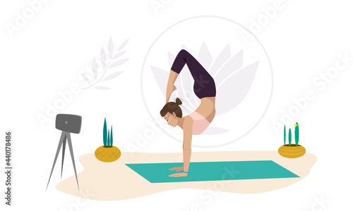 A girl yoga instructor shows exercises online standing on her hands with her legs thrown up. Healthy lifestyle. Vector illustration in cartoon style