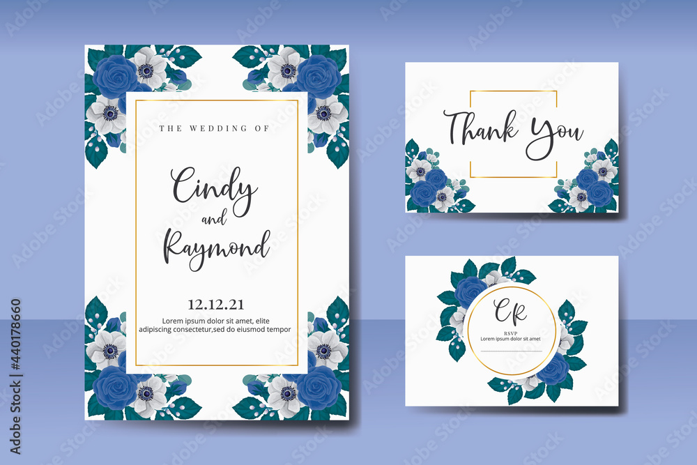 Obraz premium Wedding invitation Blue Rose and Peony Flower design Invitation Card Template