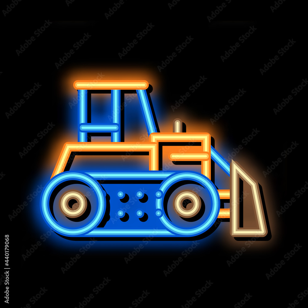 Obraz premium road repair bulldozer neon light sign vector. Glowing bright icon road repair bulldozer sign. transparent symbol illustration