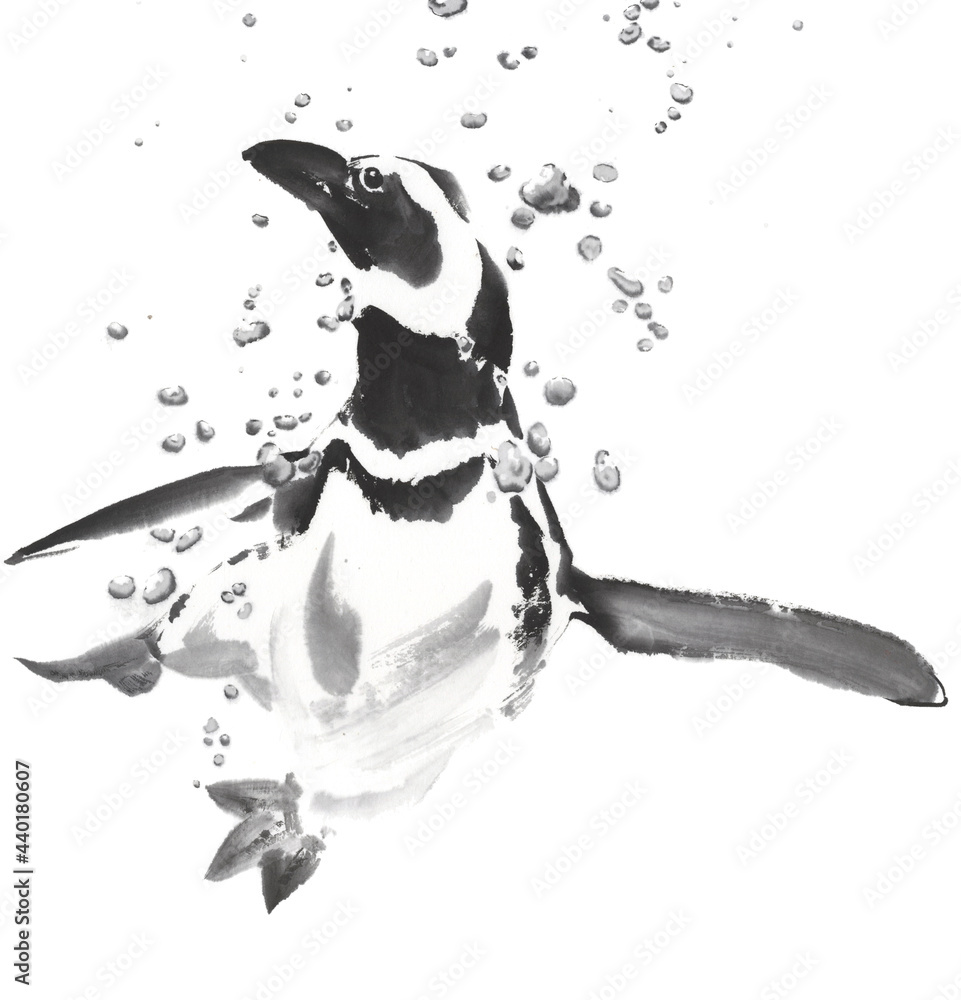 水泡とペンギン 墨絵イラスト Stock Illustration Adobe Stock