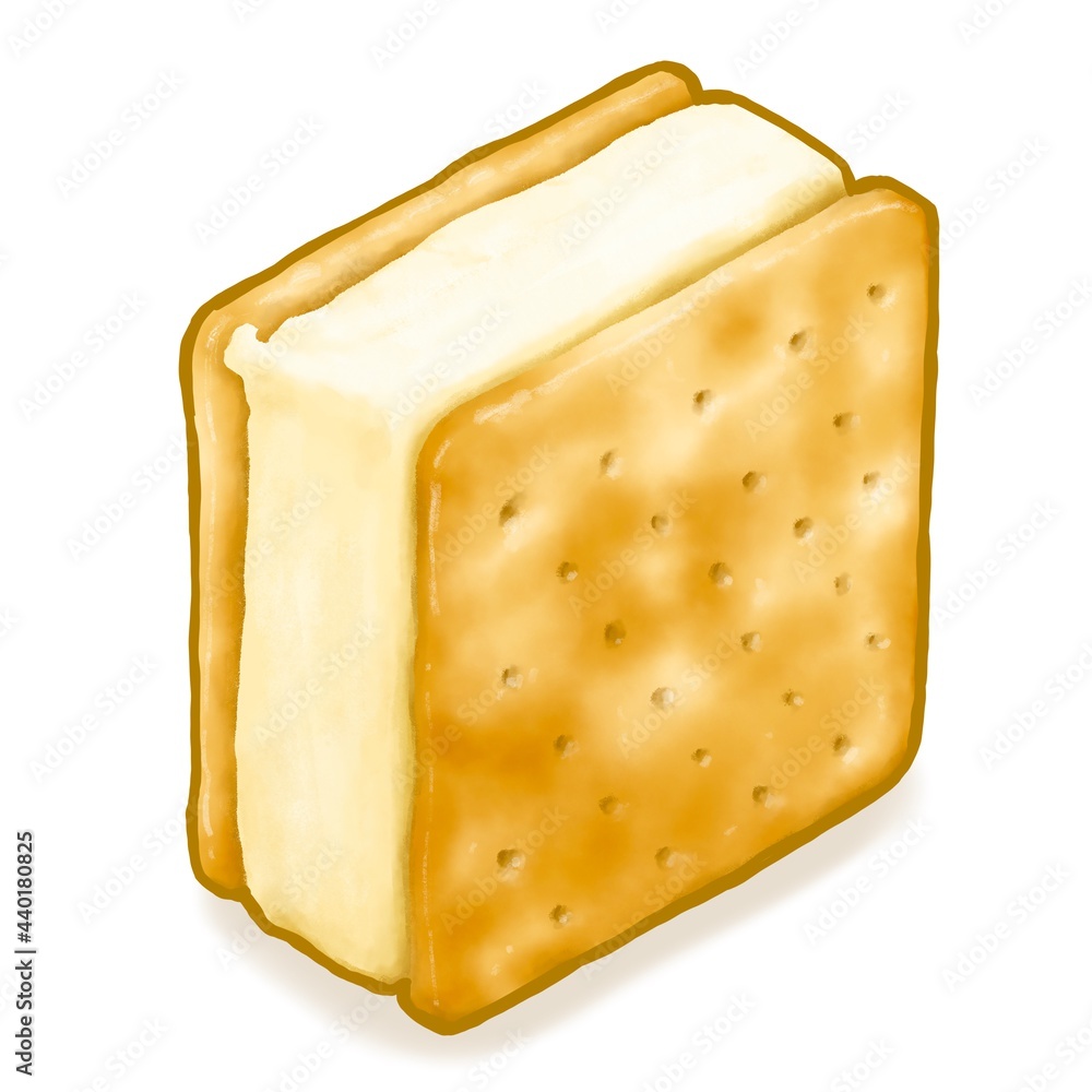 Ice cream cracker sandwich, a digital painting of square biscuits with vanilla ice cream dessert raster 3D illustration isolated on white background.