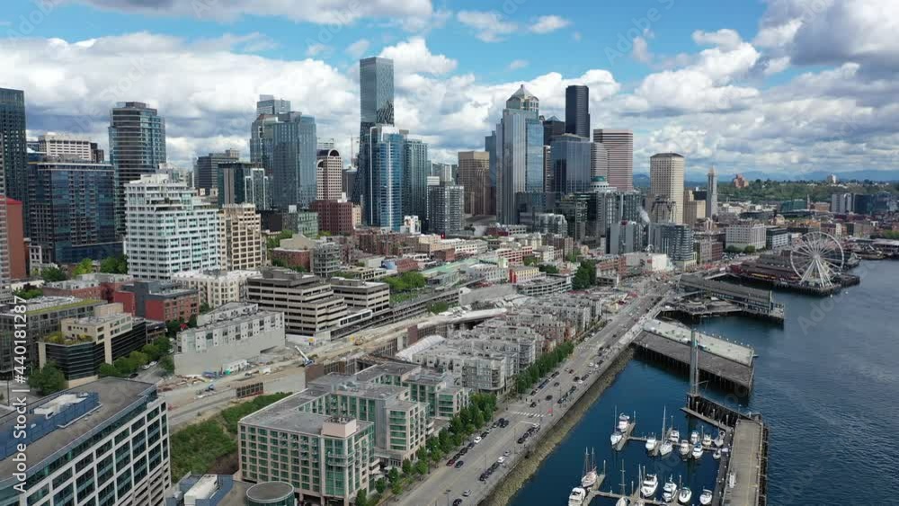 Cinematic 4K aerial panning drone shot of Belltown, Alaskan Way ...