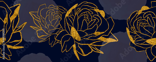 peony flower abstract seamless wallpaper design with gold line arts, luxury background design for cover, invitation background, packaging design, fabric, and print. Vector illustration