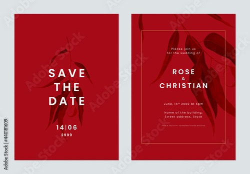 Minimalist foliage wedding invitation card template design, black eucalyptus leaves on red