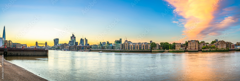 London riverside panorama near Tower Brtidge at sunset. England
