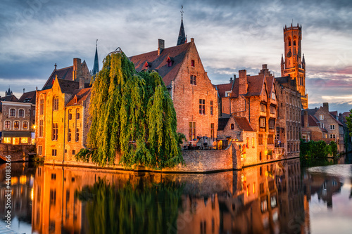 Classic view of the historic city center of Bruges (Brugge) with Belfry bell tower in the background