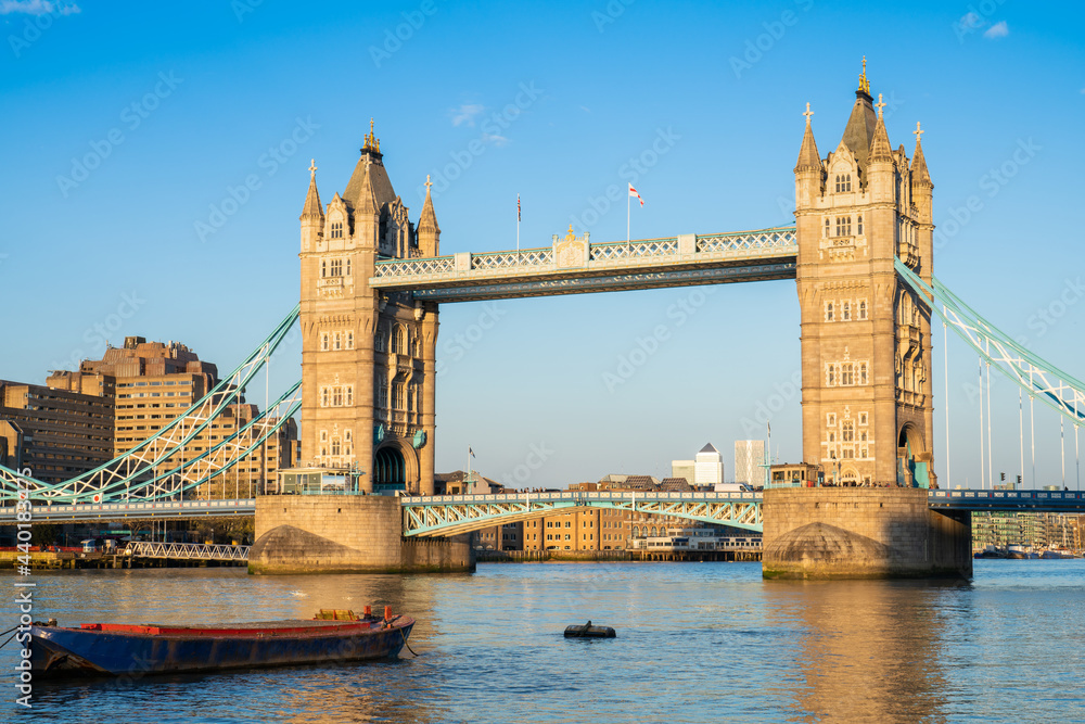 Tower Bridge close up view from south bank of river Thamess in London. England