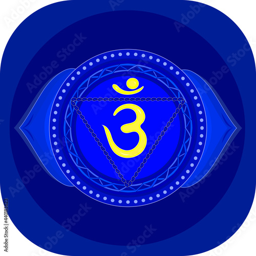 The sixth chakra is Ajna. Third eye chakra with Hindu Sanskrit. Blue is a flat symbol of meditation, yoga. Vector