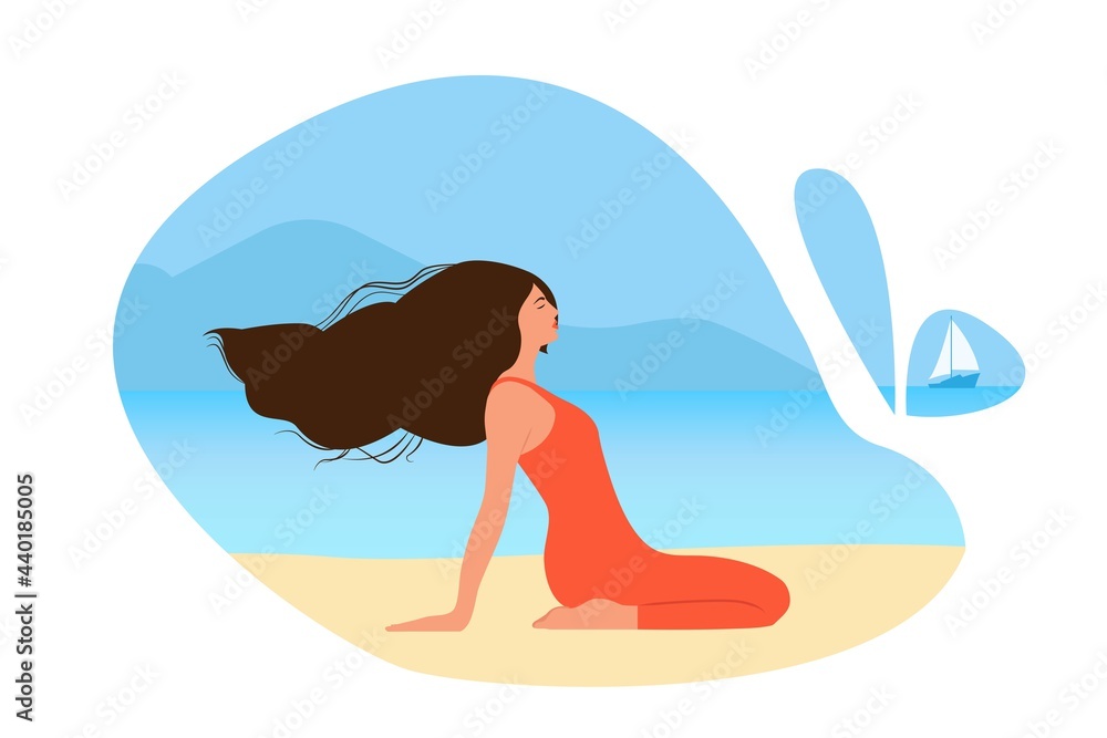 Happy woman sitting on the beach and meditating. Young girl doing morning stretching. Smiling female character enjoying her freedom and life. Wellbeing. Positive body and health care concept. Happy woman sitting on the beach and meditating. Young girl doing morning stretching. Smiling female character enjoying her freedom and life. Wellbeing. Positive body and health care concept.