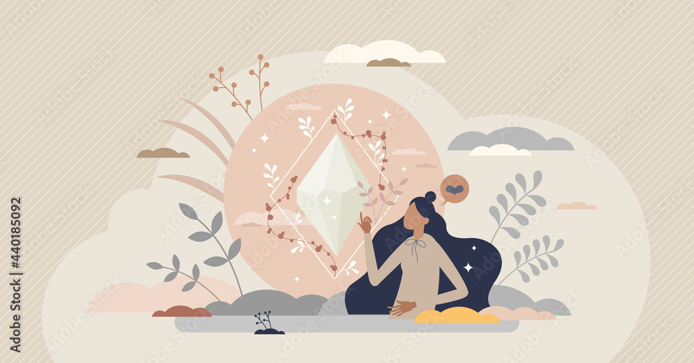 Holistic health as overall body care or spiritual balance tiny person concept. Wellness and awareness for healthy physical and mental harmony vector illustration. Energy, aura and soul symbol scene. - obrazy, fototapety, plakaty 
