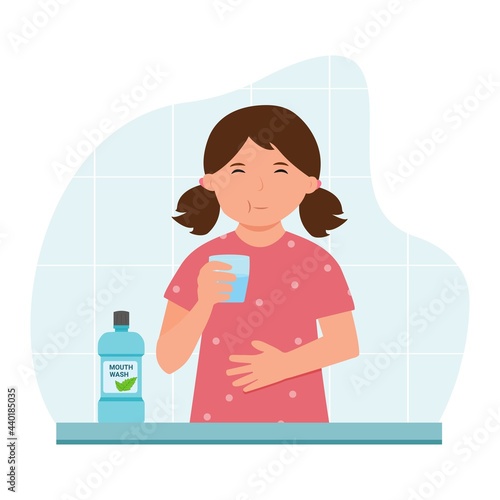 Cute girl using mouthwash for fresh breath and plaque prevention in flat design. Daily oral hygiene routine. Dental Health Concept.Rinse your mouth Vector illustration