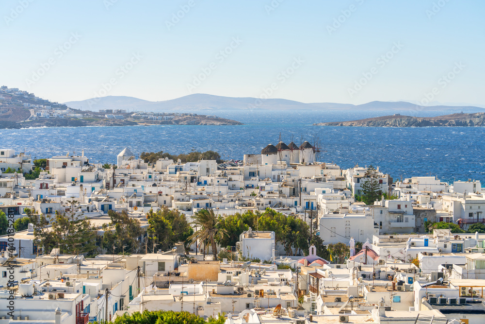 Mykonos cityscape with famous windmills, Greece