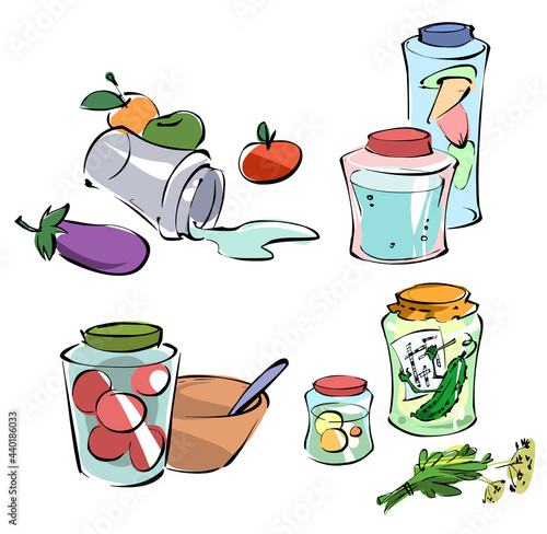 Cartoon set of pickled jars with vegetables, fruits, herbs and berries. Autumn pickles.