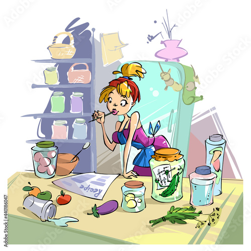 Cute cartoon girl blonde in an apron bit her pen. A girl in the kitchen and glass jars with pickled vegetables and fruits.