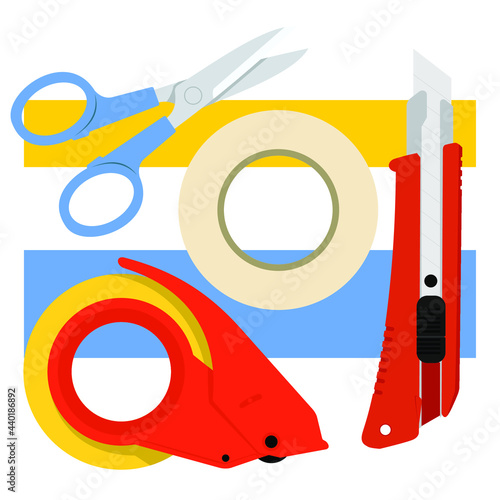 paper tape, utility knife, tape dispenser, plastic scissors in flat vector