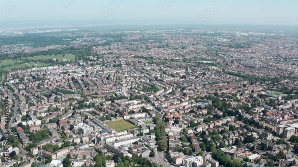 Dolly forward drone shot over suburban Bristol Dolly forward drone shot over suburban Bristol