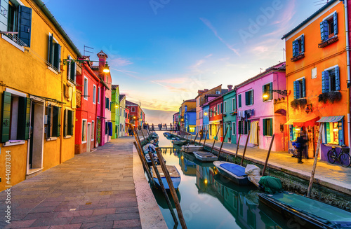 Colourful Burano island near Venice at sunset. Italy