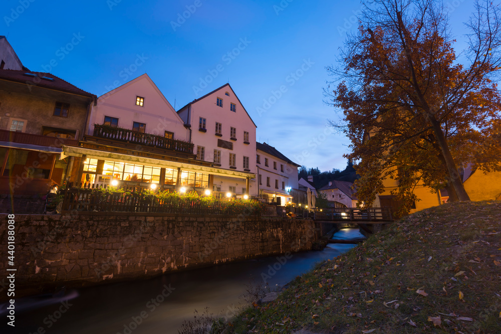 Restaurants operating along the river in Cesky Krumlov, Czech Republic.